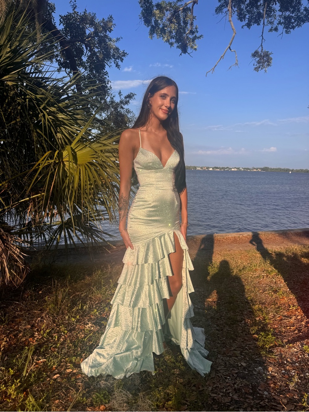 Sherri Hill Mint Green Backless Ruffled Prom Gown - Picture 4 of 6